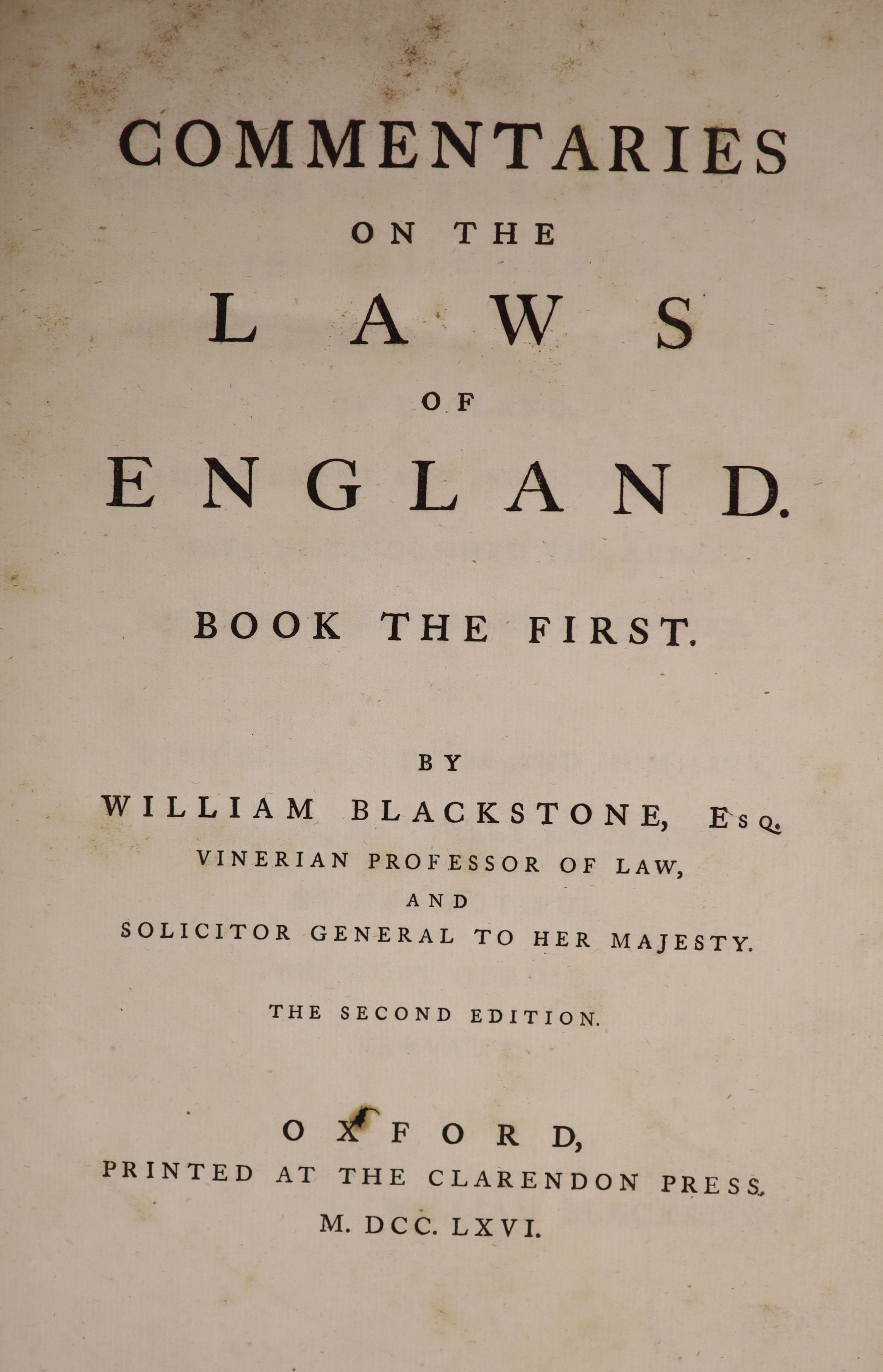 Blackstone, William - Commentaries on the Laws of England. vols 1-3 (only, ex.4.) 2nd (vol.I) and 1st editions. 2 tables (1 folded); uncut in original grey boards, 19th cent.